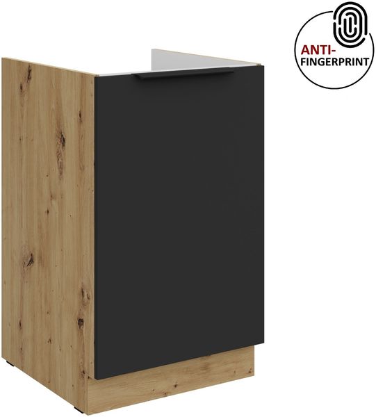 Küchen Spülenunterschrank 50 cm Küche ARIA Schwarz ultra matt + Eiche Artisan matt, hochwertige Fronten mit Anti Fingerprint Beschichtung Küchenzeile Küchenblock