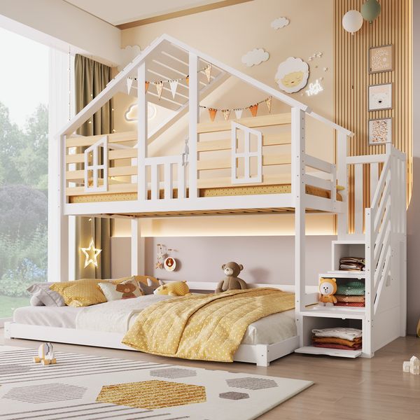 Etagenbett,90x200cm+140x200cm, Hausdesignx Fenstergestaltun,Ablageleiter, Betten in verschiedenen Gr??en, Ohne Matratze, Wei?+ Natur
