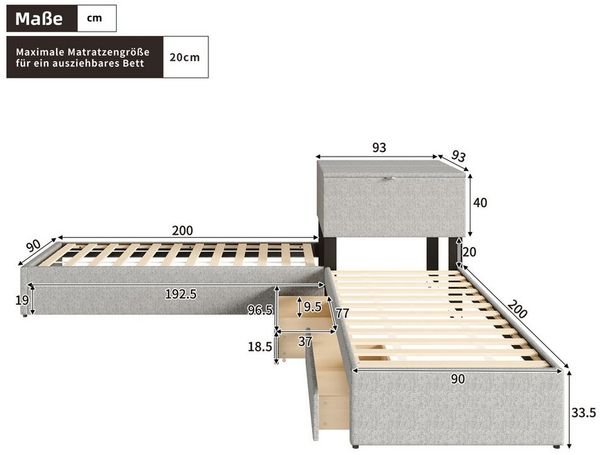 Thanaddo Polsterbett Eckbett, Einzelbetten mit Ausziehbett, Polsterbett