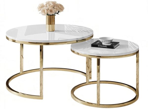 Lookway Couchtisch CIRI 2in1 Hochglanz mit Gold Chrom Gestell (2er Set), Durchmesser: ⌀70 cm und ⌀50 cm