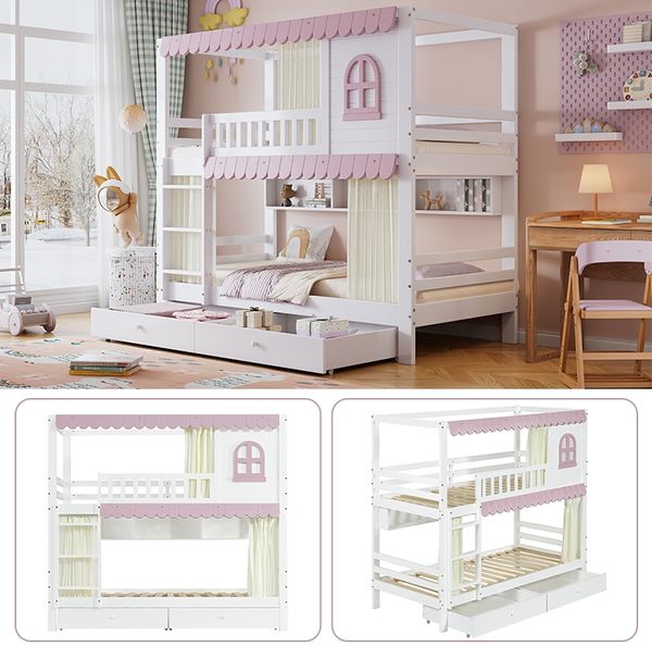 Etagenbett, Kinderbett Mit Fenstern und Vorhängen, mit Fallschutzgitter, Offenes Regal, Stabiles Geländer, Zwei Schubladen mit Rollen, Reichlich Stauraum, Kiefer+MDF, Weiß+Rosa, 90x200cm Bild 9