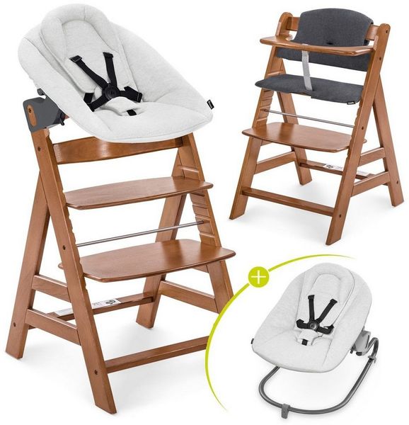 Hauck Hochstuhl Alpha Plus Newborn Set - Walnut, Holz Babyhochstuhl ab Geburt inkl. Neugeborenen Aufsatz & Sitzpolster