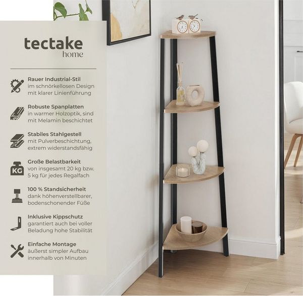 tectake Bücherregal Eckregal, inklusive Kippschutz, 34 x 34 x 125 cm, Holzregal Newbridge 1-tlg, mit 4 Ebenen, mit höhenverstellbaren Kunststofffüßen