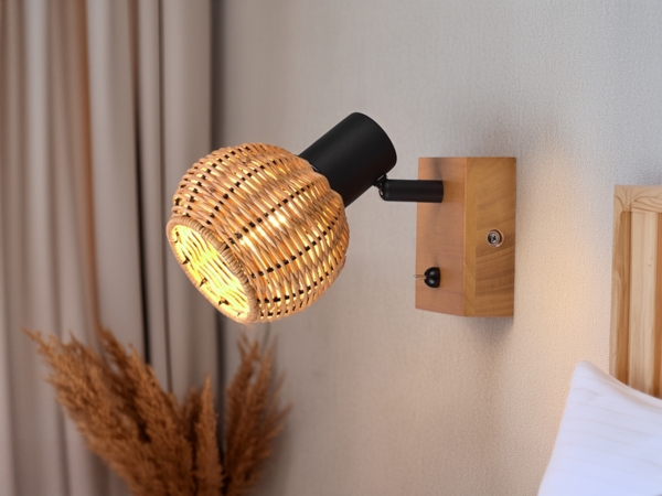 Wandstrahler TAVAR mit Schalter, Holz & Rattan Korbgeflecht, Breite 10,5cm