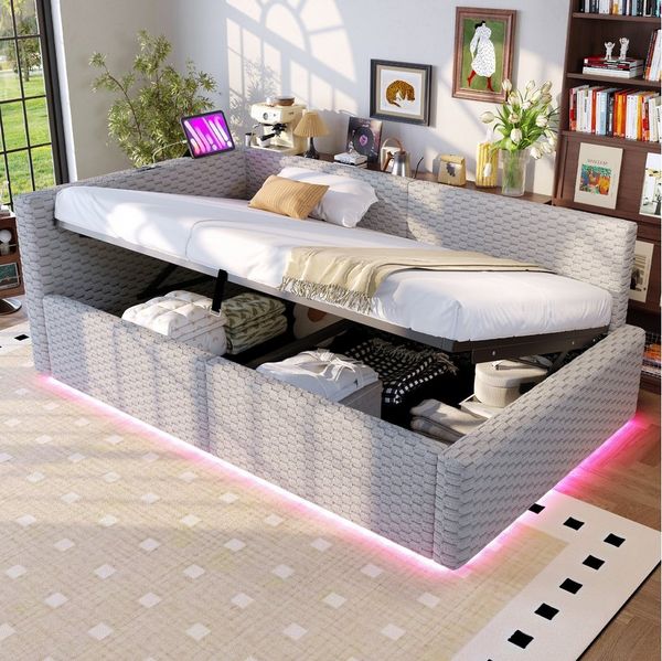 Odikalo Schlafsofa Polsterbett 90x200 140x200 mit Bettkasten & LED, mit LED-Beleuchtung, Tape-C und zwei USB-Anschlüssen, L-förmiger weicher Rückenlehne, Samtstoff, Hydraulischem Bettgestell, Beige / Grau (Matratze nicht im Lieferumfang enthalten)