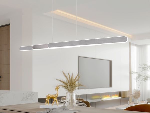 LED Pendelleuchte HELIOS Silber dimmbar & ausziehbar, Breite 82,5 cm - 130 cm