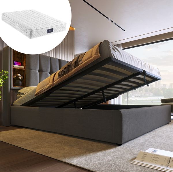 Polsterbett 140x200 cm mit Stauraum, USB, Typ-C & kabellosem Laden – grau