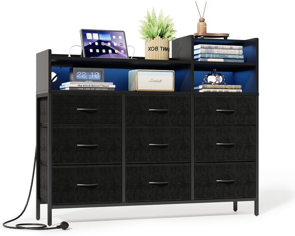 IRONCK Kommode mit Schubladen, Schubladenschrank mit LED-Beleuchtung & Ladestation, 9 Stoffschubladen & 3 Offene Fächer, Moderner Schubladenschrank für Schlafzimmer & Wohnzimmer (Schwarz)