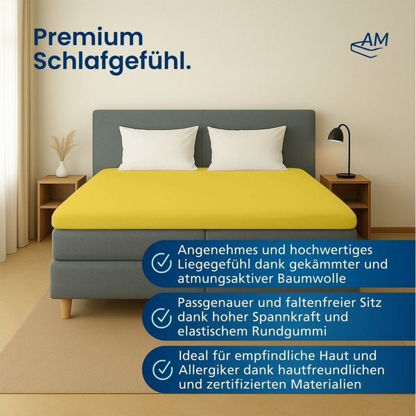 AM Qualitätsmatratzen Spannbettlaken Baumwolle in gelb, Bettlaken für Topper, Made in Germany, Baumwolle, Gummizug: rundum, (1 Stück), 90x200x12