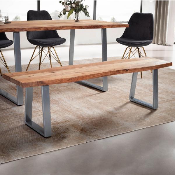 FineBuy Esszimmerbank Akazie Massivholz / Metall mit Baumkante, Esstischbank Holzbank Massiv ohne Lehne, Küchenbank Chrom Essbank Modern, Sitzbank Esszimmer Braun