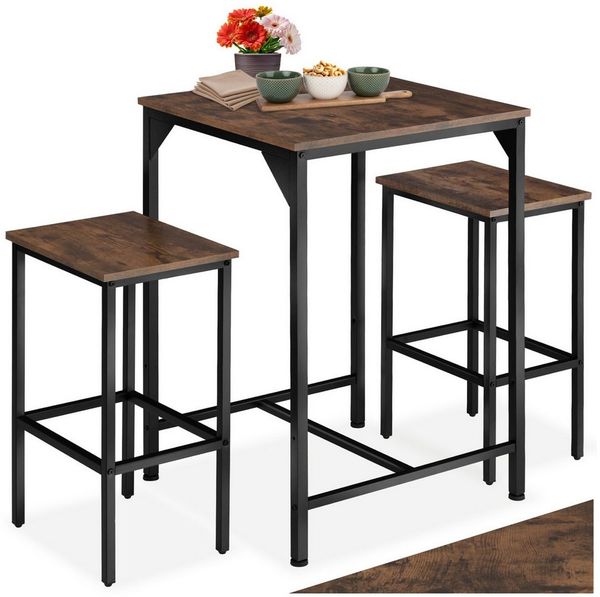 tectake Stehtisch Barset (1-St, 3 tlg), 3er-Set aus Bartisch und zwei Barhockern im trendigen Industrial-Look