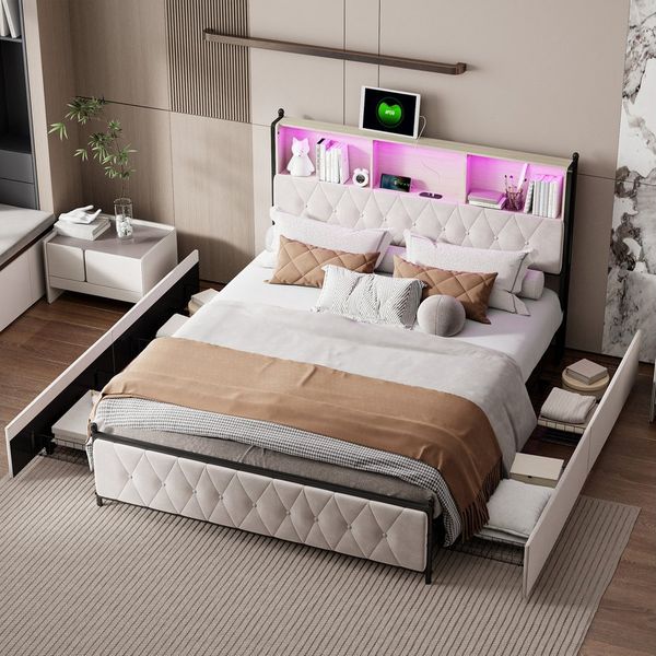 FUROKOY Polsterbett Doppelbett Stauraumbett Mit Kopfteil und Lattenrost, 160x200 cm,Mit LED-Licht und USB,Gepolstert,4 Schubladen,Samt