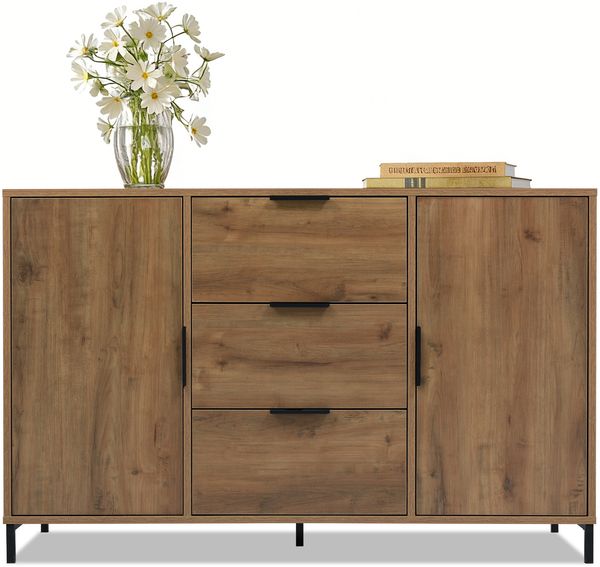 Industrielle Kommode in Dunkler Eiche, Sideboard mit 3 geräumigen Schubladen & 2 Drehtüren, höhenverstellbarer Fachboden aus E1-Spanplatte mit Metallrahmen für Wohnzimmer & Schlafzimmer