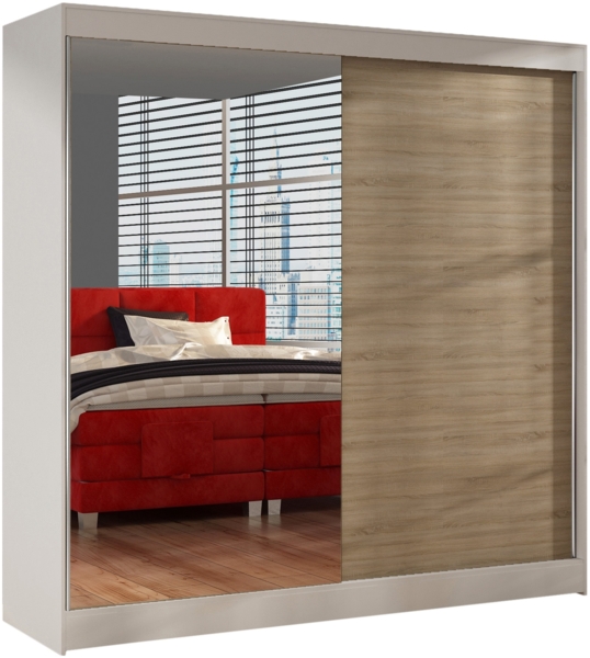 Schwebetürenschrank Basti I 200 cm mit Spiegel - Kleiderschrank, Schiebetürenschrank mit Kleiderstange und Einlegeboden, Schlafzimmerschrank, Schiebetüren, 200x215x58 cm (Weiß/Sonoma)