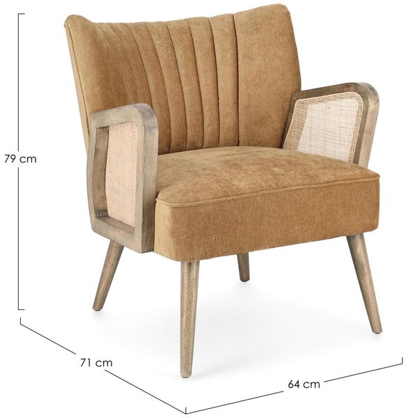 Sessel Virna aus Stoff, moderner skandinavischer Stil mit Rattan-Details, senfgelb, gepolstert Bild 7