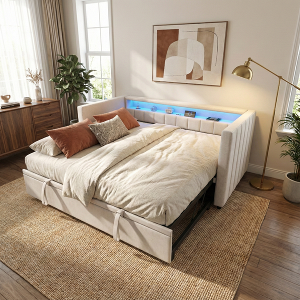 LVHOM Daybett 90x190cm, Schlafsofa mit Ausziehbett, Sofabett mit LED-Beleuchtung, USB-C-Anschluss und Ablagefächern, Einzelbett aus Samtstoff, Kinderbett, Beige