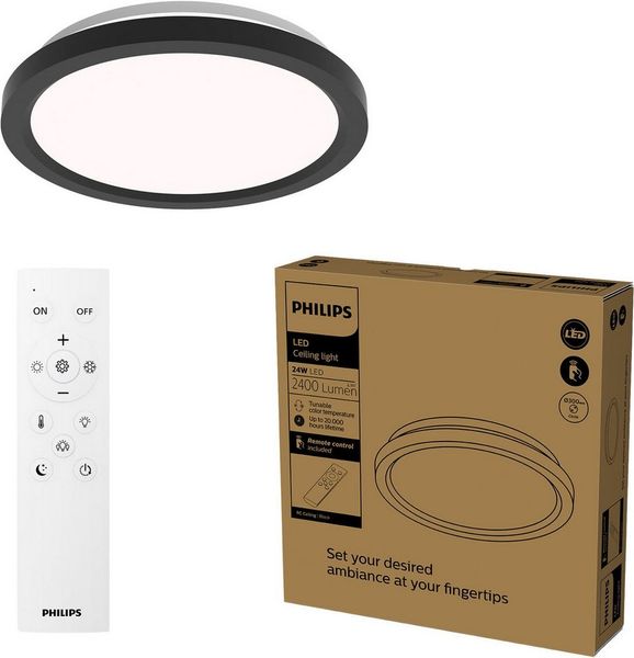 Philips LED-Deckenleuchte mit Fernbedienung, rund, 30 cm, dimmbar, Tunable White, Wohnzimmer, Schlafzimmer, kein Flimmern oder Blenden, modernes Design, schwarz, 1er Pack