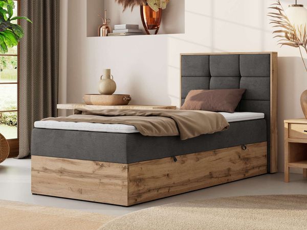 Boxspringbett ALBERO 1 90x200 mit Stauraum, 7-Zonen Multipocket Matratze H4, Bettkasten mit Federautomat, Öffnungsseite wählbar, Hotelbett - Dunkelgrau Velvet - Topper Visco - Rechts