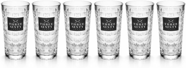 Three Sixty Vodka Longdrinkgläser 6er Set 0,3L geeicht – oben rund, mit Logo, strukturierte Glasoptik