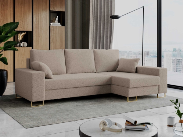 Ecksofa mit Schlaffunktion L-Form mit Bettkasten - DORIAN-Non - Hellbraun Boucle