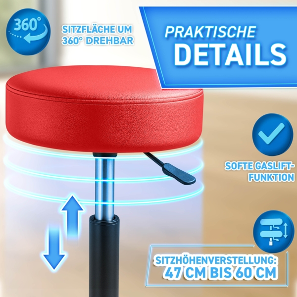 TRESKO Rollhocker höhenverstellbar Rot 150 kg | Hocker Drehhocker 10 cm Dicke Polsterung 47-60 cm | Arbeitshocker Bürohocker 360° drehbar mit Rollen Bild 8