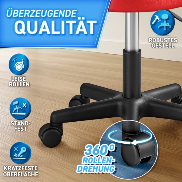 TRESKO Rollhocker höhenverstellbar Rot 150 kg | Hocker Drehhocker 10 cm Dicke Polsterung 47-60 cm | Arbeitshocker Bürohocker 360° drehbar mit Rollen Bild 7