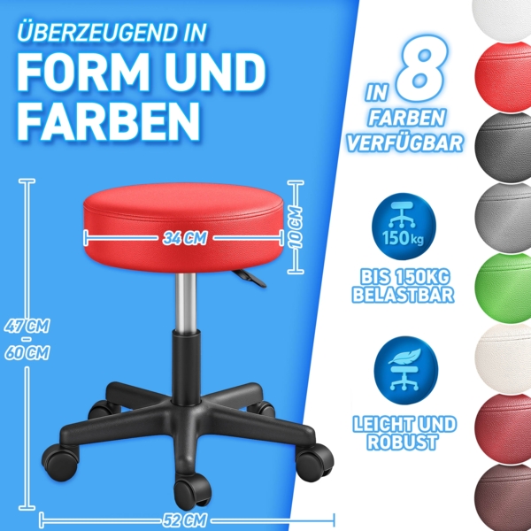 TRESKO Rollhocker höhenverstellbar Rot 150 kg | Hocker Drehhocker 10 cm Dicke Polsterung 47-60 cm | Arbeitshocker Bürohocker 360° drehbar mit Rollen Bild 10