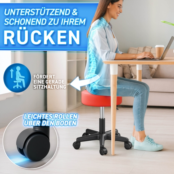 TRESKO Rollhocker höhenverstellbar Rot 150 kg | Hocker Drehhocker 10 cm Dicke Polsterung 47-60 cm | Arbeitshocker Bürohocker 360° drehbar mit Rollen Bild 9
