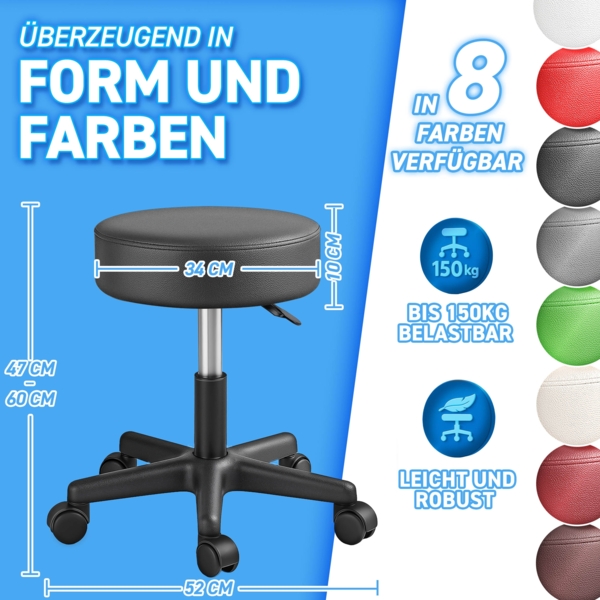 TRESKO Rollhocker höhenverstellbar Rot 150 kg | Hocker Drehhocker 10 cm Dicke Polsterung 47-60 cm | Arbeitshocker Bürohocker 360° drehbar mit Rollen Bild 5