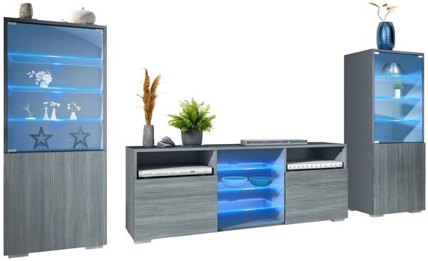 Vladon Wohnwand Granada, (Anbauwand, bestehend aus 2 Vitrinen, 1 TV-Board und LED-Beleuchtung), Anthrazit matt/Avola-Anthrazit (286 x 122,5 x 35 cm)