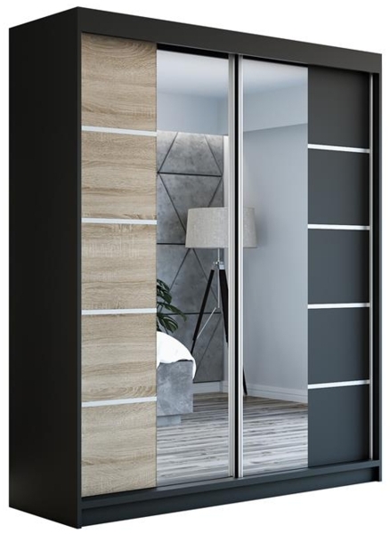 Schwebetürenschrank KOMFORT 2-türig Schrank 180 cm (mit Spiegel) Farbe: Schwarz , sonoma