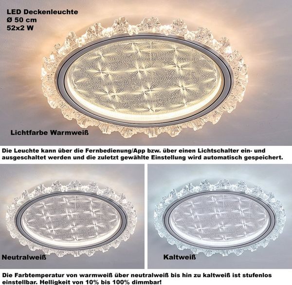Eurotondisplay LED Deckenleuchte LED Deckenleuchte Fernbedienung/Handy-App Lichtfarbe einstellbar, LED fest integriert, Warm- bis Kaltweiß, Lichtfarbe und Helligkeit einstellbar, Mit App Steuerbar