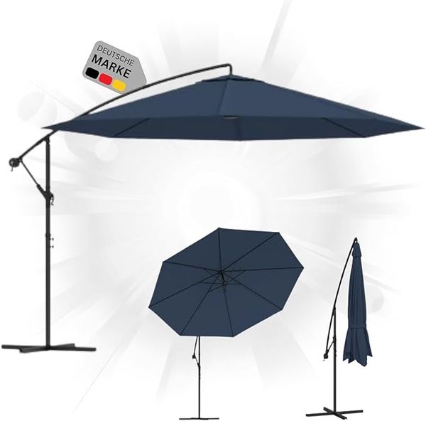Sonnenschirm rund MARC 350cm Blau UV-Schutz, Kurbelsystem Ampelschirm rund Freiarm Sonnenschirm 350 cm Kurbelschirm Standschirm Sonnenschutz Gartenschirm Balkonschirm klassisch