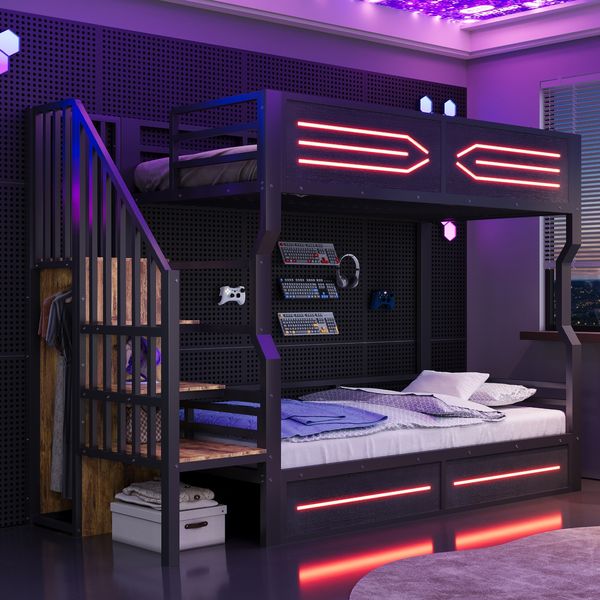 Merax Etagenbett, 90 × 200 cm, Jugendbett, Hochbett, mit Stauraum und kleiner Treppe im Schrankstil, mit LED-Beleuchtung, Hohem Geländer, Schwarz