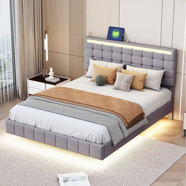 Flieks Polsterbett, LED-Beleuchtung Doppelbett Schwebebettrahmen 140x200cm Leinen
