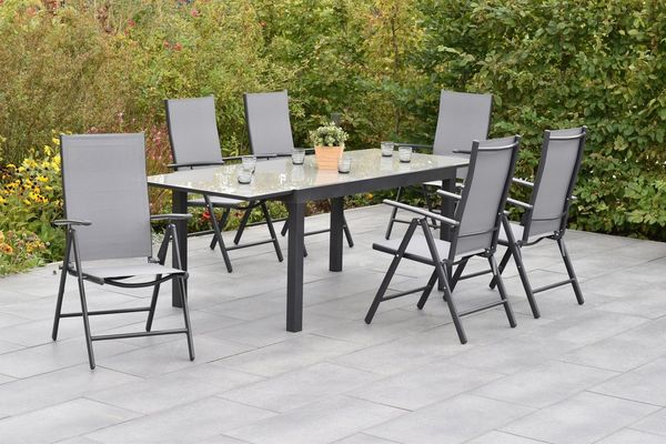 MERXX Garten-Essgruppe »Amalfi«, (Set, 7-tlg, 5-fach verstellbare Rückenlehne), Ausziehtisch: LxB: 200-300 x 110 cm