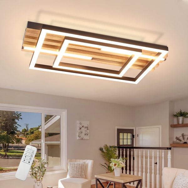ZMH LED Deckenleuchte Dimmbar Holz Deckenlampe: 2/3-Ringen WohnzimmerlampeLED fest integriert, 3000-6500K, Schwarz Deckenbeleuchtung mit Fernbedienung Design