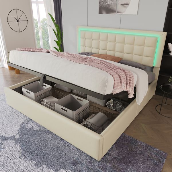 Polsterbett 180×200 cm mit hydraulischem Bettkasten und LED-Beleuchtung, Weiß, ohne Matratze