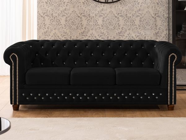 S-Style Möbel Chesterfield-Sofa 3-Sitzer Cleo Blink aus Samt mit Kristallsteppung und Massivholzfüßen, mit Wellenfederung