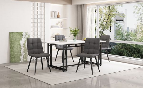 Esstisch 140x80 cm mit 4 Stühlen – MDF-Tischplatte & schwarzes Metalllgestell, dunkelgraue Leinenpolster, modernes Design,weiß und grau