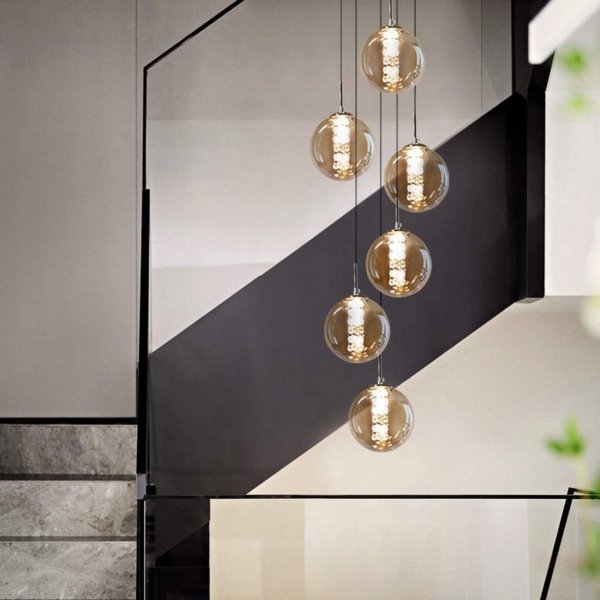 ZMH Pendelleuchte Esstisch 150CM Höhenverstellbar Pendellampe Kronleuchte Wohnzimmer, Glaskugel Hochwertige Design, LED wechselbar, 6-Flammig Bernstein Esszimmerlampe Schlafzimmer Bild 5