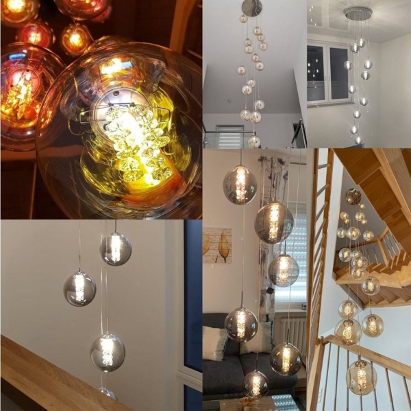 ZMH Pendelleuchte Esstisch 150CM Höhenverstellbar Pendellampe Kronleuchte Wohnzimmer, Glaskugel Hochwertige Design, LED wechselbar, 6-Flammig Bernstein Esszimmerlampe Schlafzimmer Bild 3