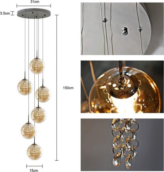 ZMH Pendelleuchte Esstisch 150CM Höhenverstellbar Pendellampe Kronleuchte Wohnzimmer, Glaskugel Hochwertige Design, LED wechselbar, 6-Flammig Bernstein Esszimmerlampe Schlafzimmer Bild 4