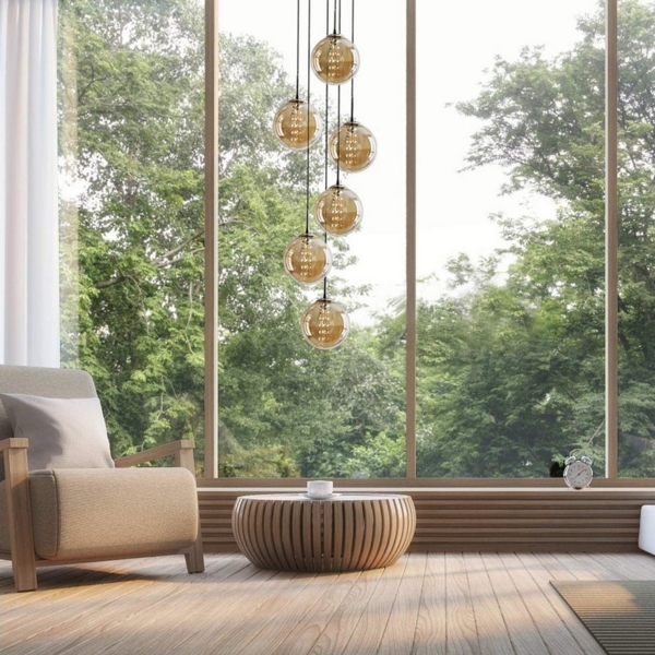 ZMH Pendelleuchte Esstisch 150CM Höhenverstellbar Pendellampe Kronleuchte Wohnzimmer, Glaskugel Hochwertige Design, LED wechselbar, 6-Flammig Bernstein Esszimmerlampe Schlafzimmer Bild 2