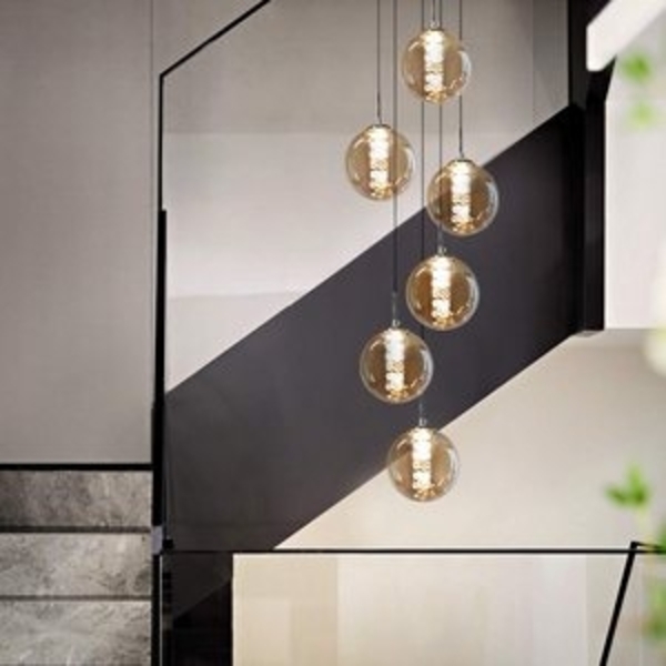 ZMH Pendelleuchte Esstisch 150CM Höhenverstellbar Pendellampe Kronleuchte Wohnzimmer, Glaskugel Hochwertige Design, LED wechselbar, 6-Flammig Bernstein Esszimmerlampe Schlafzimmer Bild 6