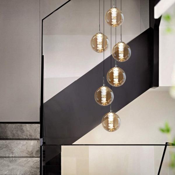 ZMH Pendelleuchte Esstisch 150CM Höhenverstellbar Pendellampe Kronleuchte Wohnzimmer, Glaskugel Hochwertige Design, LED wechselbar, 6-Flammig Bernstein Esszimmerlampe Schlafzimmer Bild 1