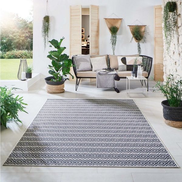 In- und Outdoor Teppich Öland - Streifen, Farbe: Beige Blau, Größe: 80x150 cm