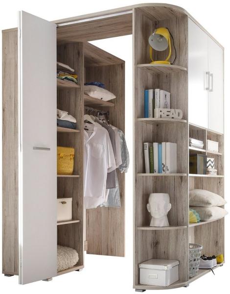 Stella 'Corner Nessi' Eckkleiderschrank begehbar mit Kleiderstange und 6 Kleiderhaken, sandeiche/weiß
