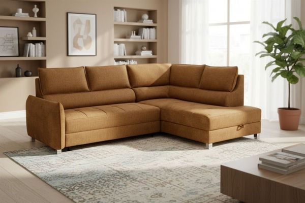 Ecksofa Schlafsofa Sofa MARNO in Stoff Chill Me Honiggelb Ottomane Rechts