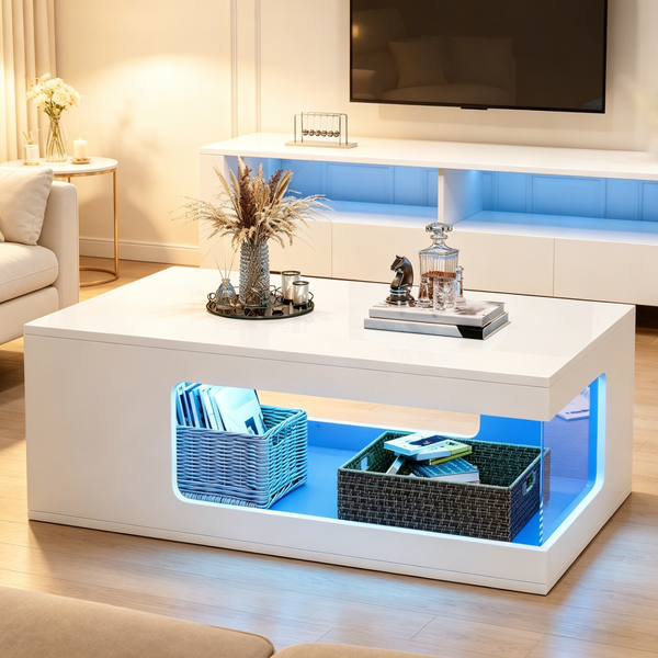 Merax Couchtisch 50*100*35cm, durchbrochener Teetisch, großer Hochglanz-kaffeetisch mit Ablageflächen aus gehärtetem Glas auf beiden Seiten, Beistelltisch mit LED-Lichtleiste, weiß
